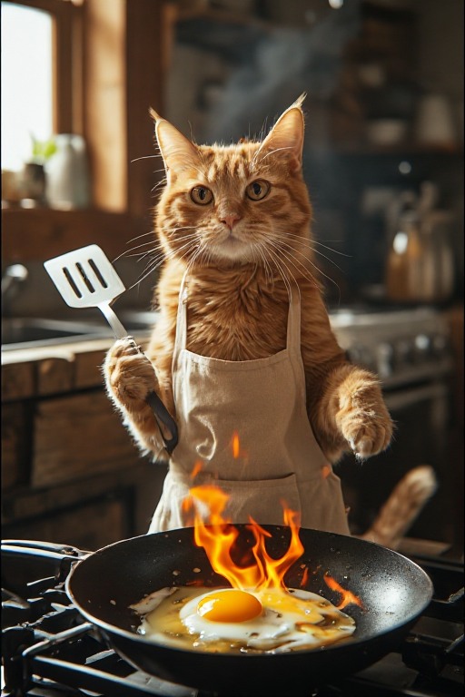 Chef Cat Flips Egg Wok