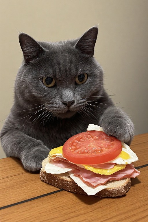 Grey Chef Cat Builds Breakfast